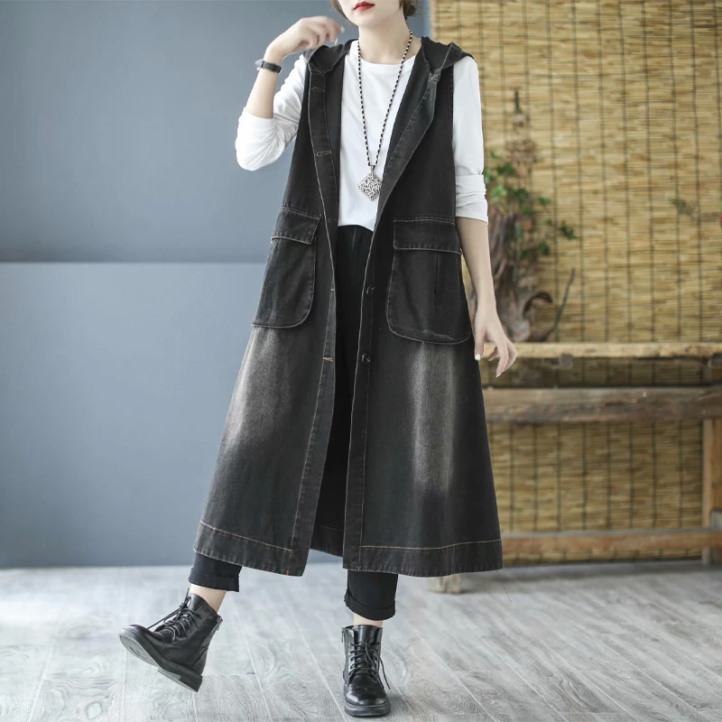 Masss Wasss Korean Style Denim Hooded Long Vest Coat 2021 Women Button Loose Vintage Waistcoats Female Punk Sleeveless Clothes