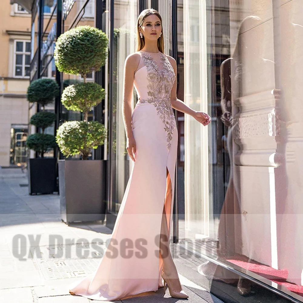 Vestido de noite com fenda frontal longa, O pescoço, sem mangas, elegante até o chão Prom Jersey, vestido de festa sereia, 202