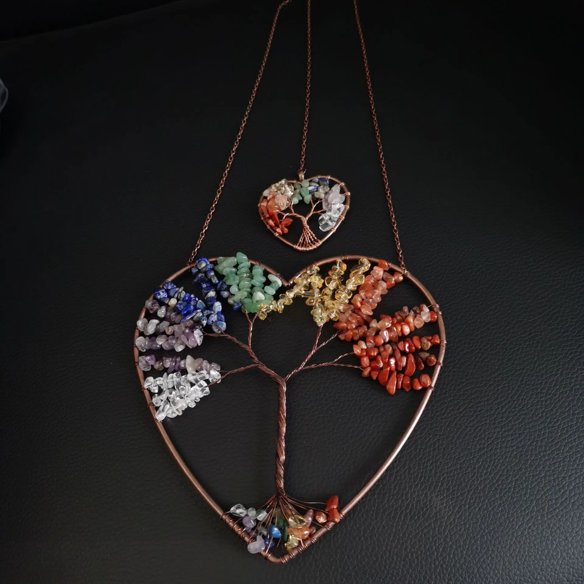 Healing 7 Chakra Door Window Hanging Decoration Big And Small Double Hearts Tree of Life Natural Gravel Crystal Hang Jewelry