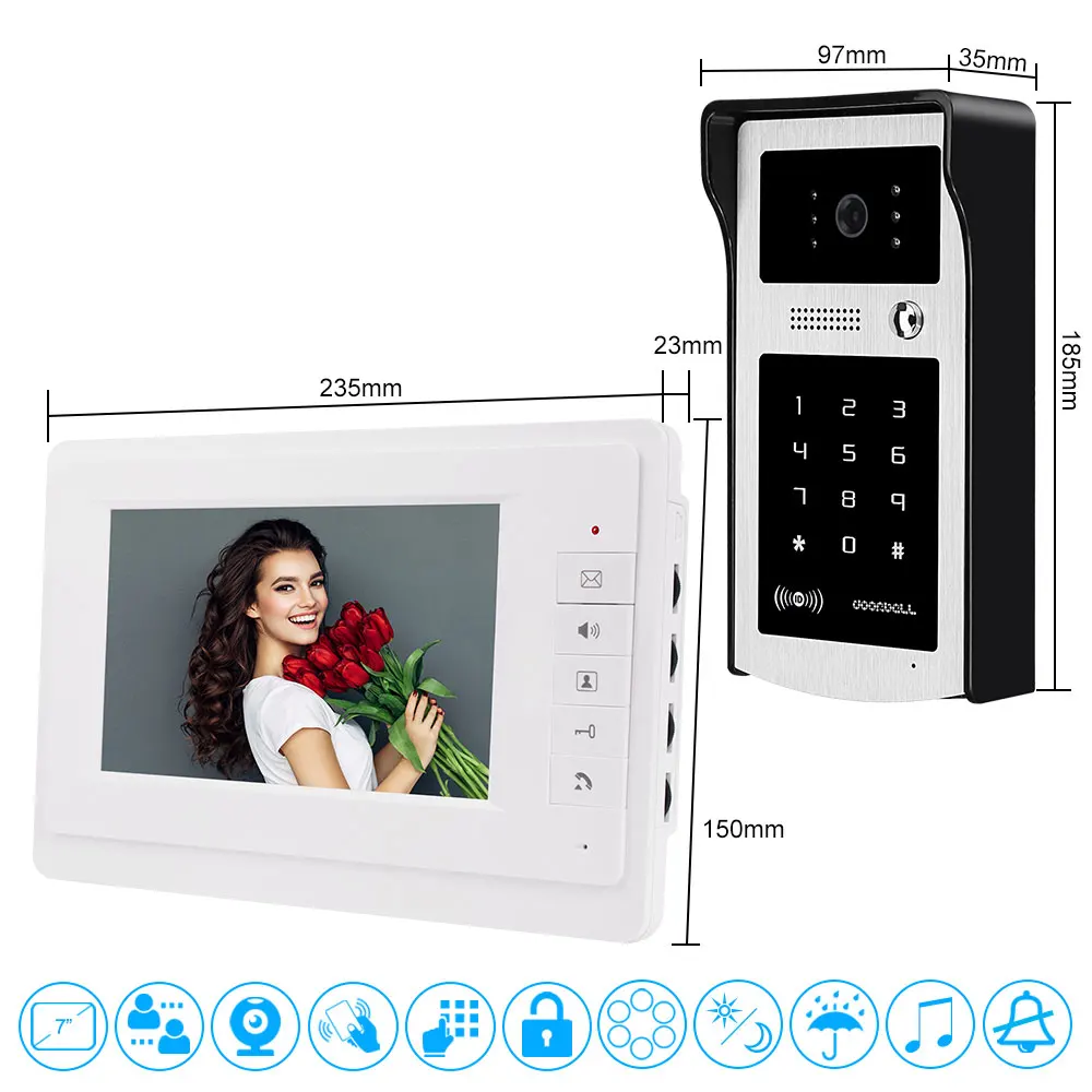 Home Wired Video Intercom System RFID Password Video Door Phone 7'' Color Screen Monitor Outdoor Camera Night Vision 100 Meters
