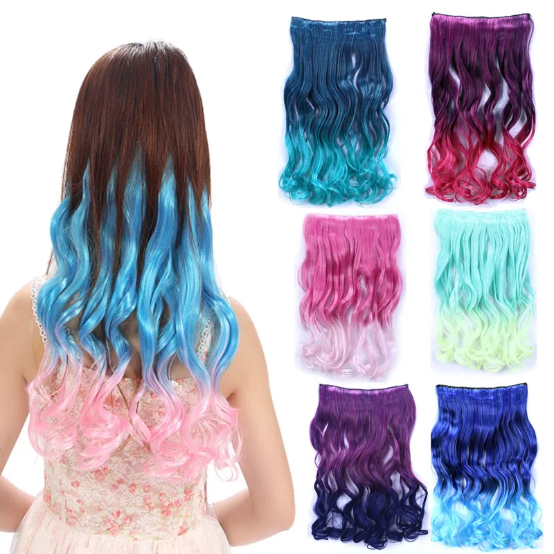 Jeedou Synthetic Ombre Color Wavy Hair Clip in One Piece Hair Extension Black Pink Gradient Modern Night Club Cosplay Hairpieces