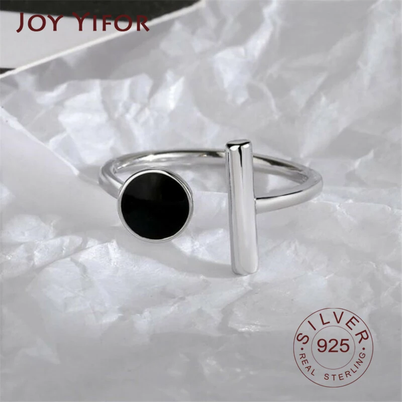 925 Sterling Silver Geometric Black Rhinestone Round Ring Female Korean Fashion Open Adjustable Handmade Couple Gifts