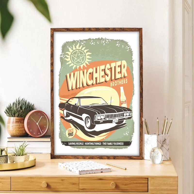 Sam & Dean Winchester Brothers Poster Print Supernatural Tv Show Canvas Painting Retro Impala Car Sign Wall Picture Home Decor