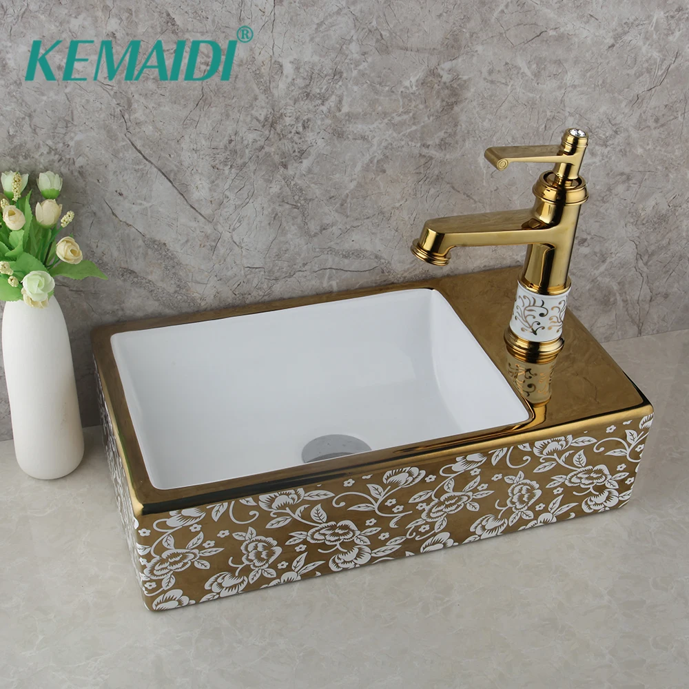 KEMAIDI Sink Hot Cold Water Mixer +Bathroom Washbasin Above Counter Basin European Ceramic Sink Art Basin Gold Wash Basin Square