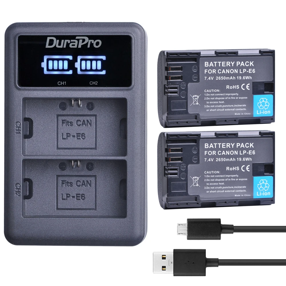 

DuraPro 2pcs 2650mAh LP-E6 LP-E6N Battery+ LED USB Dual Charger For Canon EOS 5DS R 5D Mark II 3 5D Mark III 6D 7D 60D 60Da 70D