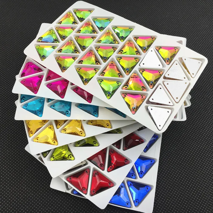 Triangle en cristal de verre à coudre sur strass 12 16 22mm, dos plat avec trou, toutes les couleurs, pierre à coudre pour robe de Costume, artisanat