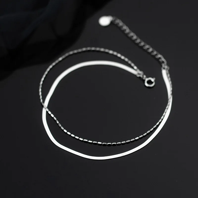 Double Llayer Bracelet On The Leg Jeweler Anklets For Women Silver 925 Foot Leg Flat Snake Chain Oval Beads Friends Gift