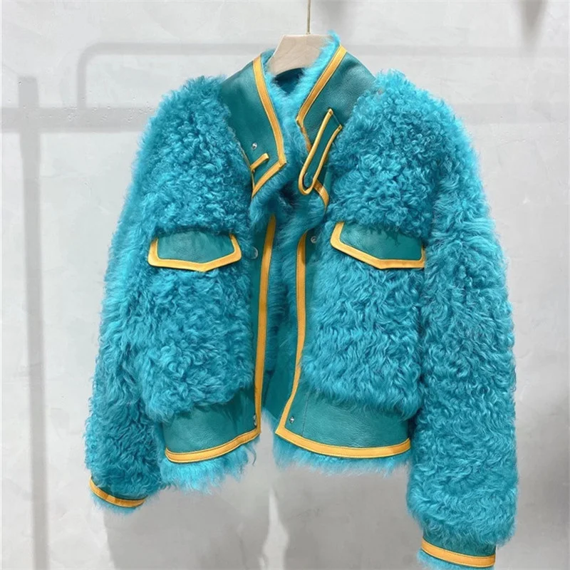 New winter real lamb jacket women sheepskin double faced fur short coat Locomotive style