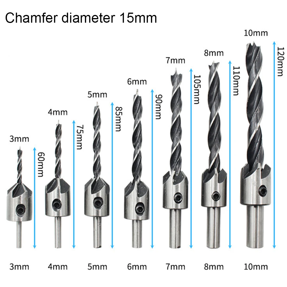 8PCS Wood Plug Cutter 6PCS 1/4 Inch Hex 5 Flute 90 Degree Countersink Drill Bits 7PCS Three Pointed Countersink Drill Bit