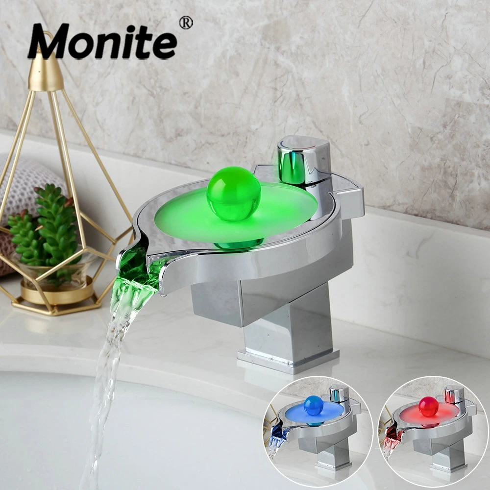 

Monite Led Changing Basin Faucet Water Mixer Tap Chrome Brass Waterfall Bathroom Basin Sink Faucet Night Pearl Control Handle