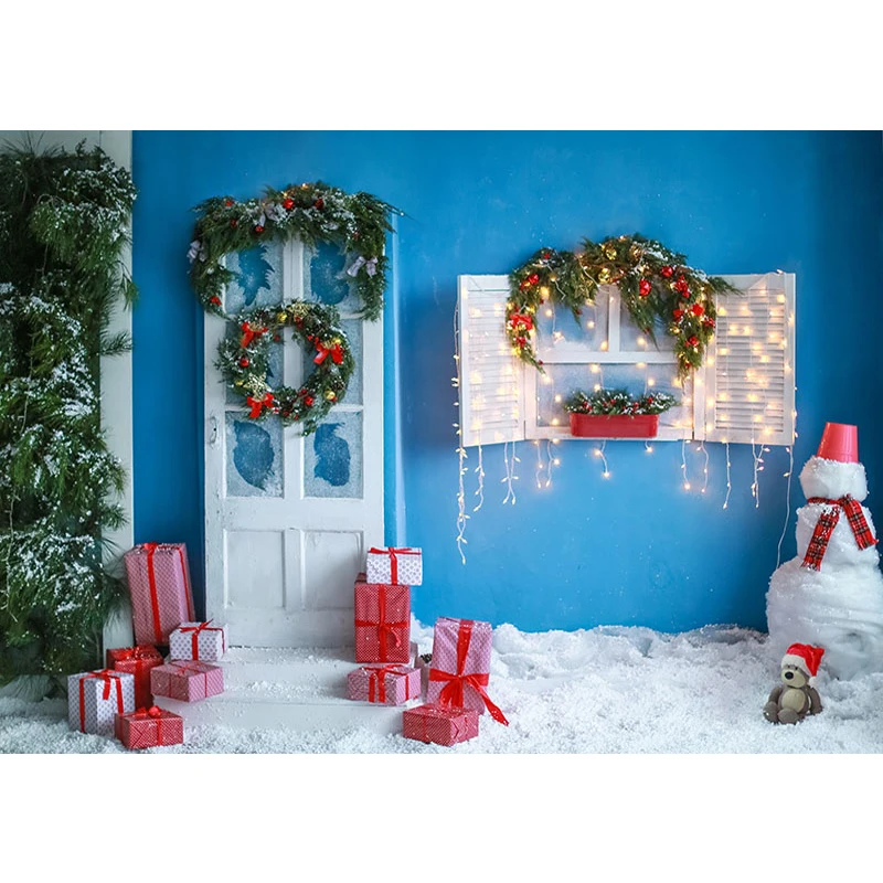 

Blue Wall White Door Garland Christmas Backdrops for Photography Printed Presents Snowman Winter Snow Baby Kids Photo Background