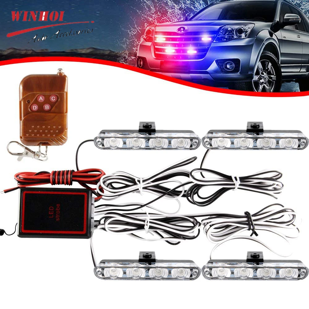 

4 In 1 16LED Police Flashing Lights Wireless Warning Strobe Light for Auto Truck Trailer Emergency Lamp External Side Lamp 12V