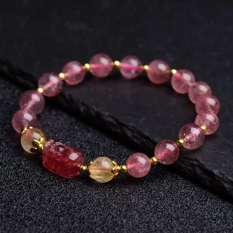 Natural Pink Strawber Crystal Stone Beaded Bracelets Women Charm PiXiu Beaded Brcelet DIY Accessories Gift Droship