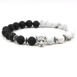 Charm Natural Volcanic Lava Stone 8mm Beads Stones White Black Bracelet Zinc Alloy Leopard Bangles Men&Women Jewelry Decorations