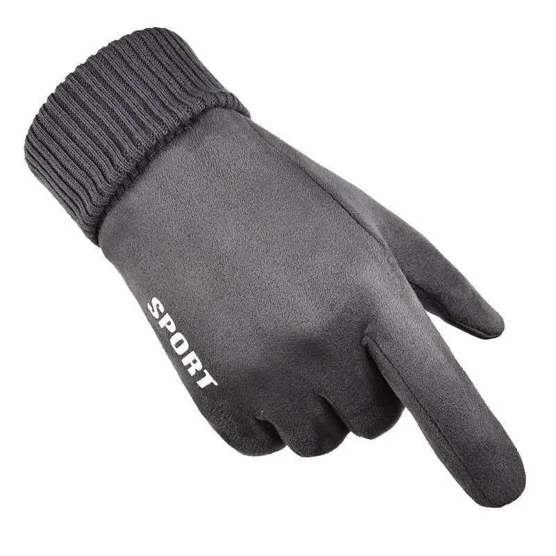 Winter Men\'s Suede Gloves Windproof and Warm Plus Fleece Thickening Riding and Driving Motorcycle Cold-Proof Touch Screen Gloves