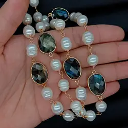 Y·YING natural White Rice freshwater Pearl Rosary Chain labradorite Bezel Set sweater chain Necklace 28