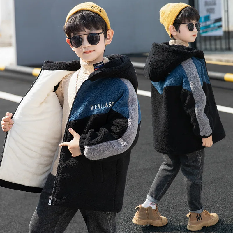 

Children Clothing Boys Plus Velvet Padded Zipped Outerwear Winter New Kids Lamb Wool Hooded Jacket Teens Stitching Heavy Coat