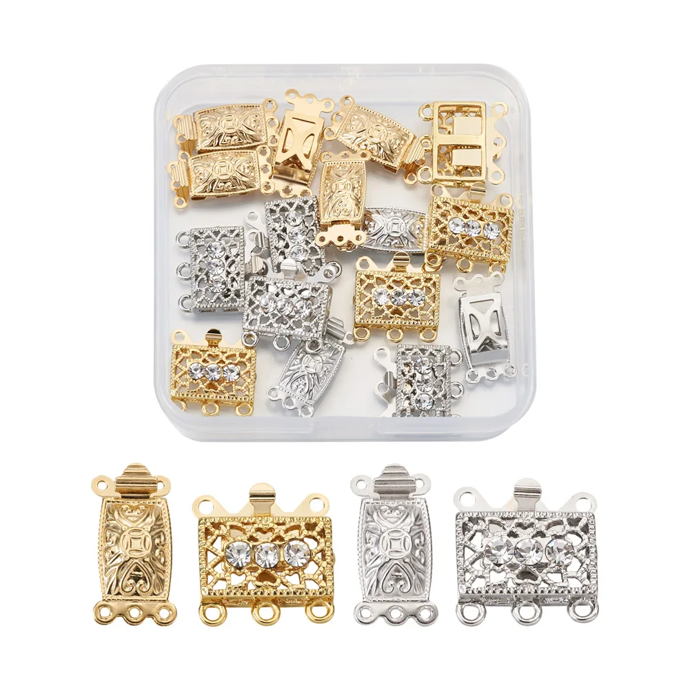 20Pcs/box 4 Styles Brass 3-Strands Rectangle Filigree Box Clasps For Necklace Bracelet Buckle Connector Clasp Jewelry Making