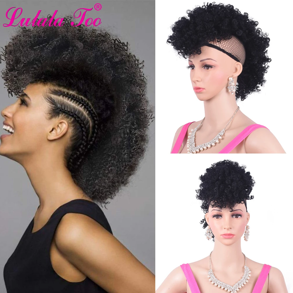 Short High Puff Afro Kinky Curly Ponytail Wig With Bangs For Women Synthetic  Mohawk Pony Tails Clip in Hair Extensions 