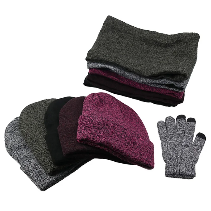 3 Pieces/Set Winter Women Hats Scarves Gloves Kit Fashion Knitted Plus Velvet Hat Scarf Set For Male Female Beanies Scarf Gloves