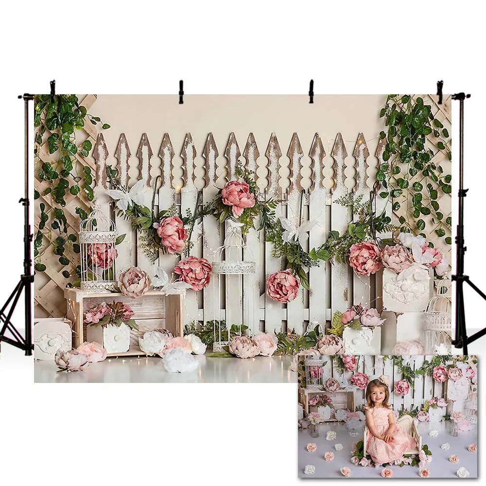 Mehofond Spring Photography Backdrops Pink Flowers Butterflies Wood Fence Girl Birthday Party Background Baby Shower Photo Props