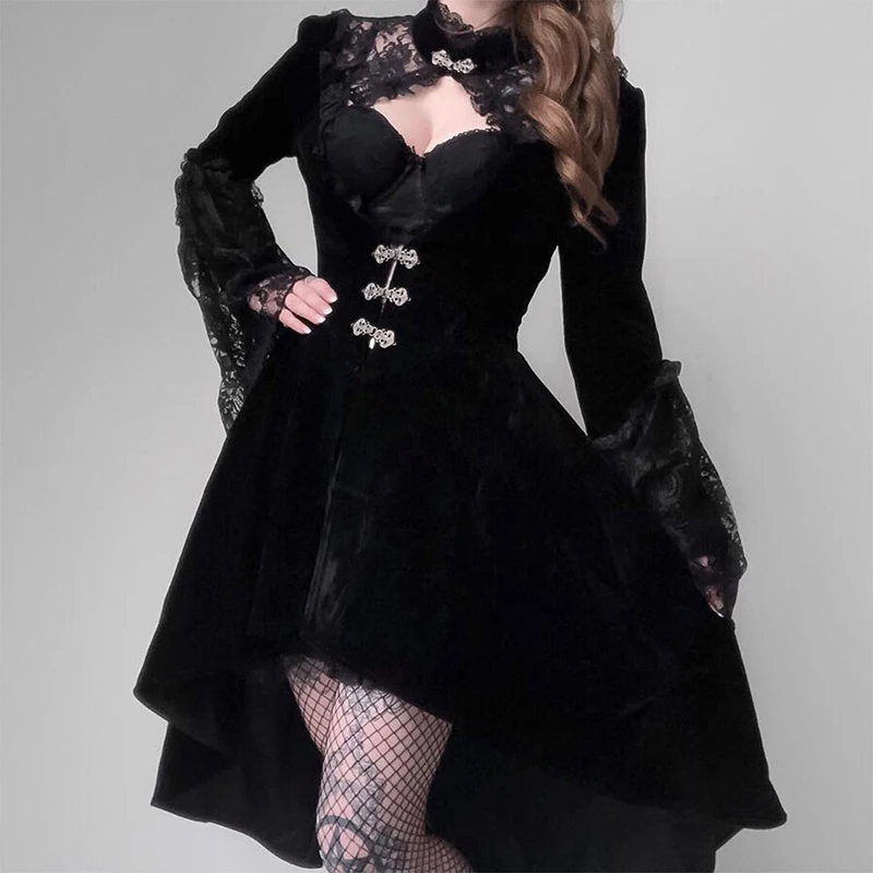 Gothic Placed Long Sleeve Lace Velvet Dress Patchwork Vintage Black Women Retro Sexy Hollow Out Female Party Goth Punk Dresses