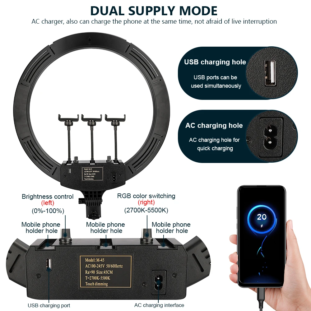 Anillo de luz RGB de 18 pulgadas para fotografía, lámpara de 50W con trípode remoto de 45cm, luz de relleno LED regulable para Selfie, iluminación en vivo para teléfono
