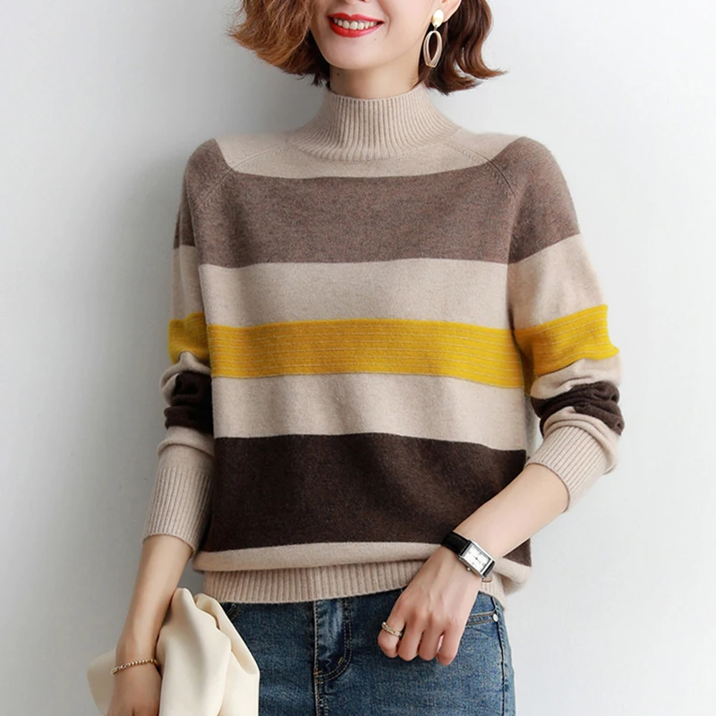 High Quality Striped Long Sleeve Sweater Women Half High Collar Tops Autumn Winter Casual Knitted Pullovers Femme Warm Sweaters