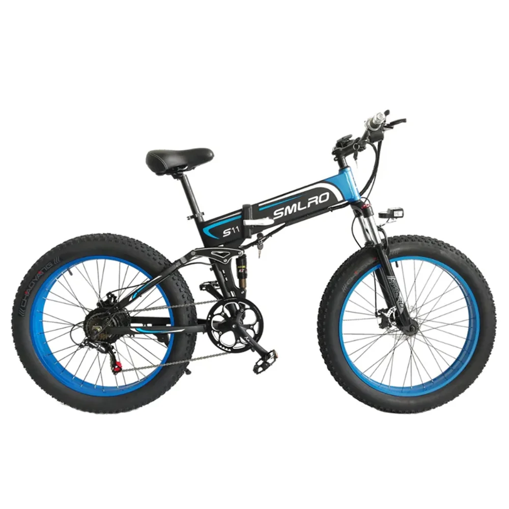 SMLRO Fat Bike Full Suspension Ebike 250 Watts Folding Electric Bicycle Electronic 26 Inch 4.0 Wide Tire Mountain Snow Beach