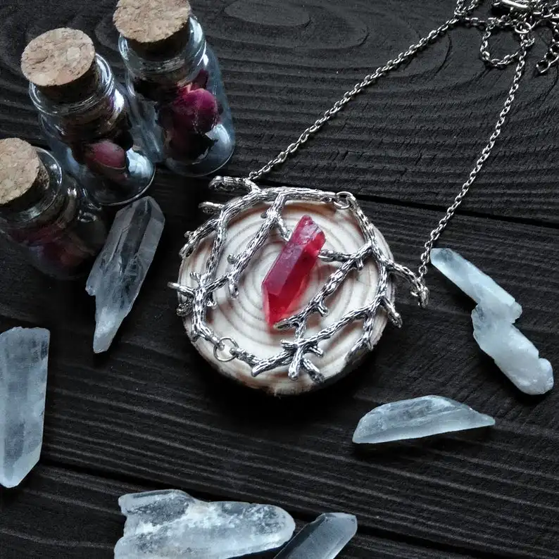 Red Quartz Stone Branch Necklace Gothic Jewelry Witch Style Amulet Dark Forest Pagan Magic Wizard Mystery Gift