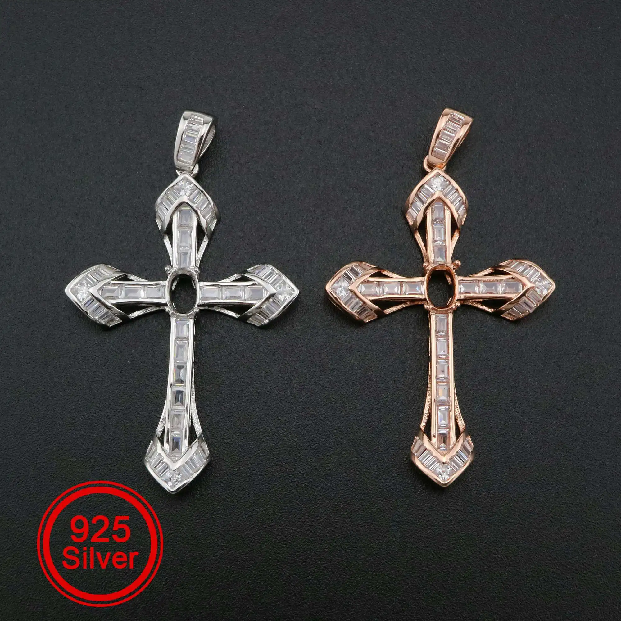 1Pcs 4x6MM Oval Prong Pendant Settings Cross Rose Gold Plated Solid 925 Sterling Silver Charm Bezel Tray DIY Supplies 1421144