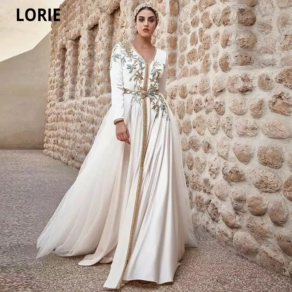 LORIE 2021 Moroccan Kaftan Evening Dress Lace Appliques Dubai Araic Special Occasion Gowns A-line Muslim Wedding Prom Party Gown