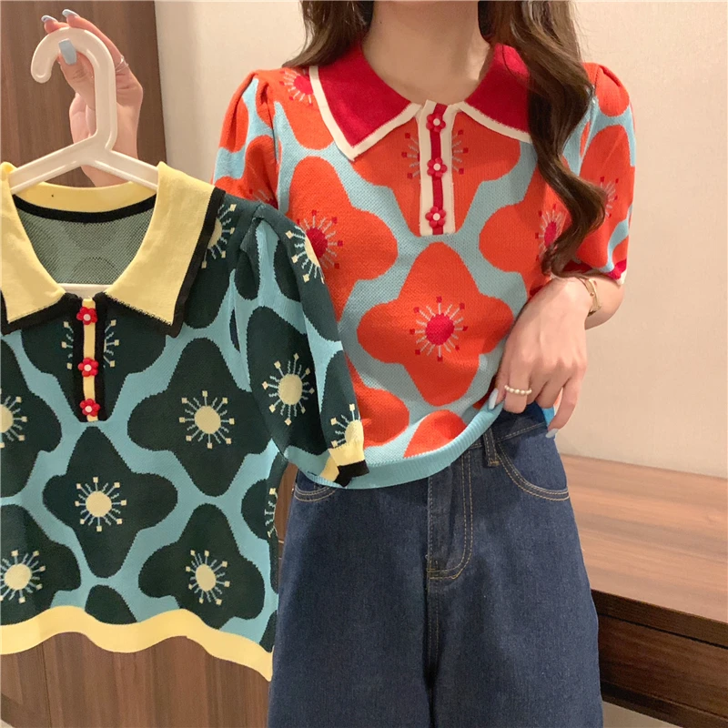 Women Puff Short Sleeve Printed Flowers Sweaters Shirts Polo Collar Cropped Thin Sweater Pullover Crop Top For Female