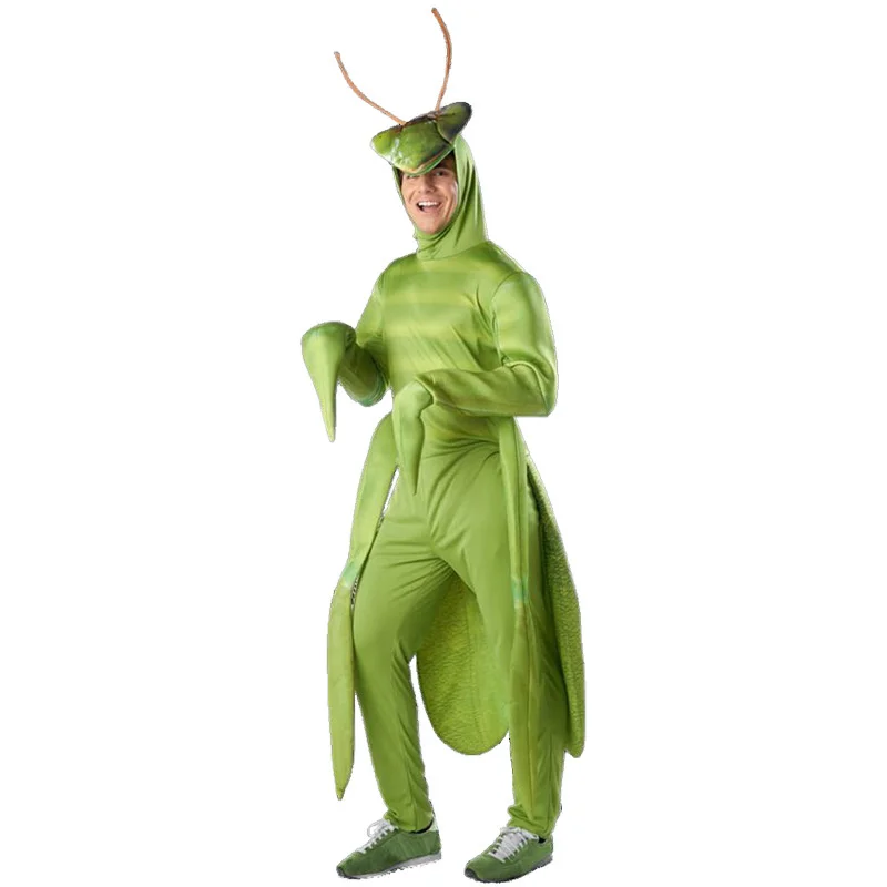 ผู้ชายผู้หญิง Cosplay สีเขียว Praying Mantis ชุดสวนสนุกสวนสัตว์เหมือนจริงแมลง Jumpsuit Halloween Fantasia Purim Costumes