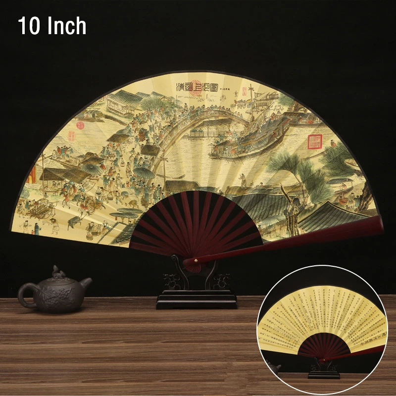 10 Inch Vintage Bamboo Fan Chinese Folding Silk Cloth Fan Pattern Art Craft Wedding Dance Hand Fan