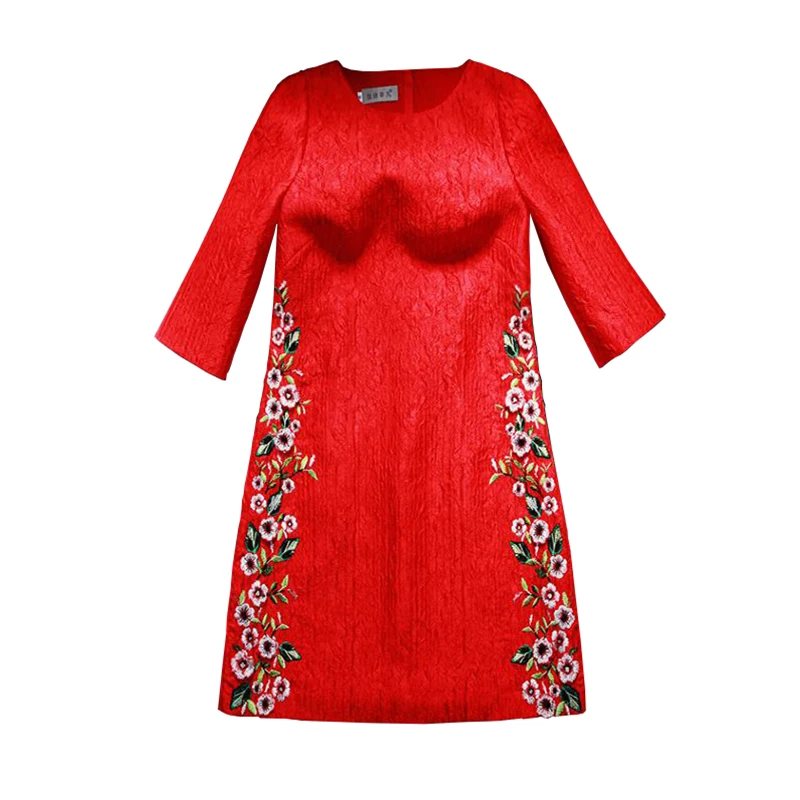 New three-quarter sleeve spring and autumn dress, high-end jacquard embroidery, three-dimensional flowers, beaded red dress