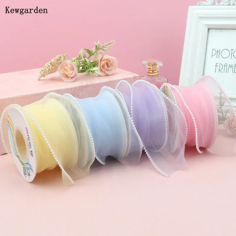 Kewgarden Wholesale Bead edge Organza Ribbons 6cm 60mm DIY Hair Bowknot Accessories Handmade Tape Packing Webbing 25 Meters