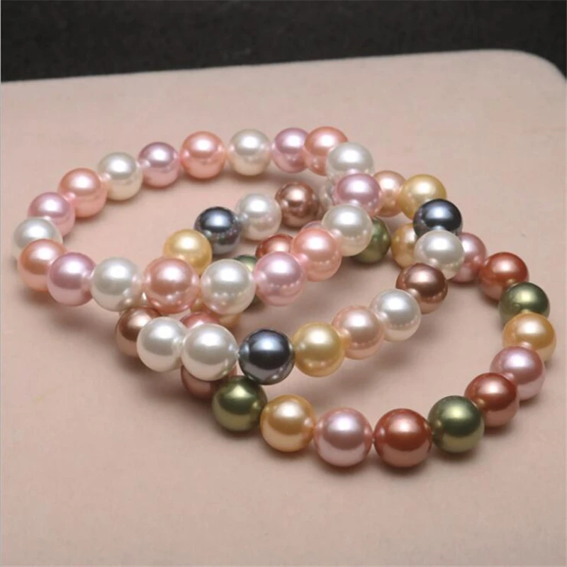 Hot 8 10mm Round Beads Fashion Multicolor Natural shell Tahitian black Multicolor south sea shell pearls Bracelet Elastic line