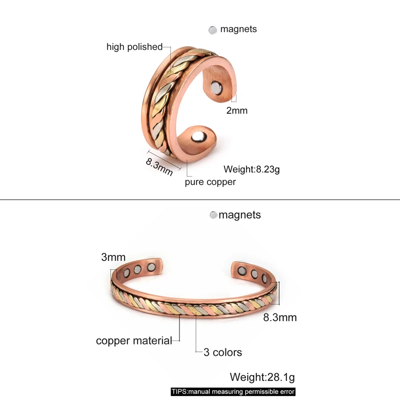 Vinterly Jewelry-Set Magnetic Copper Bracelet Ring Healing Energy Women 8.3mm Rose Adjustable Open Cuff Bangles Resizable