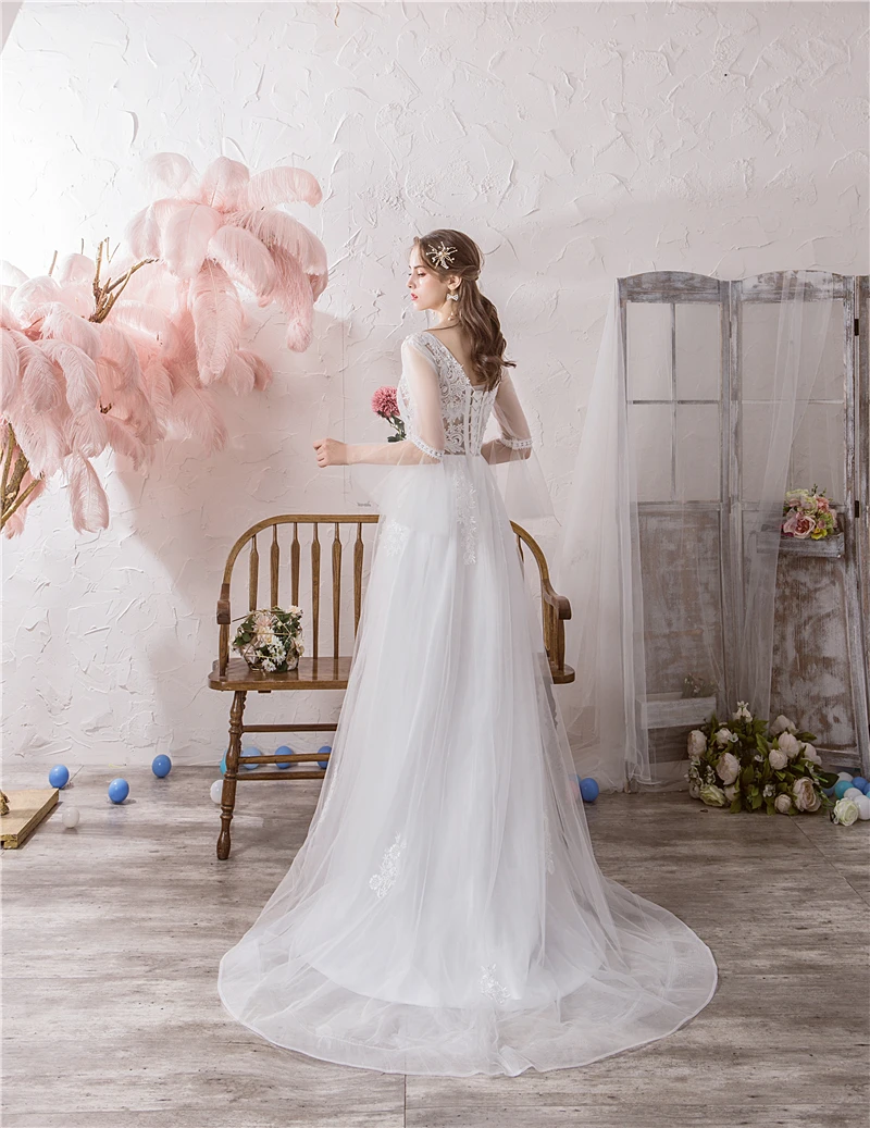 Vestido de novia de encaje con manga acampanada y cuello en V, ropa de boda bohemia de tul, barata, de manga larga, para playa