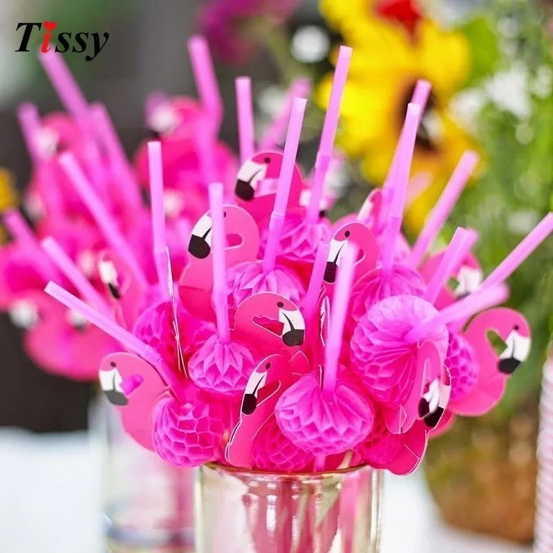 1set Flamingo DIY Paper Umbrella Drink Picks Paperboard Crafts Straws Pineapple For Summer Birthday Hawaiian Party Decorations