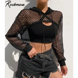 Rockmore Sexy Black Mesh Fishnet Top Women's Tshirt See Through Smock Long Sleeve T-shirts Cropped Top Tee Shirt Streetwear 2021