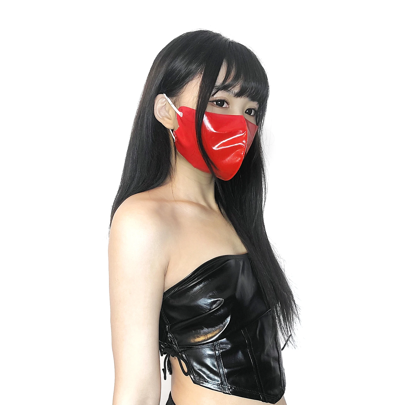 Ftshist-mascarilla facial de cuero brillante 3D, máscara de látex, fetiche metálico, BDSM, Roleplay, cuero de PU, Control de aliento sexual, juegos