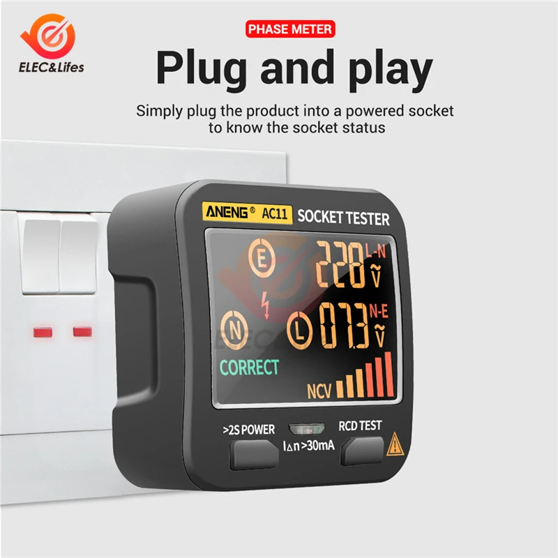 AC11 Digital Smart Socket Tester Voltage Test Socket Detector US/UK/EU/AU Plug Ground Zero Line Phase Check Rcd NCV Test