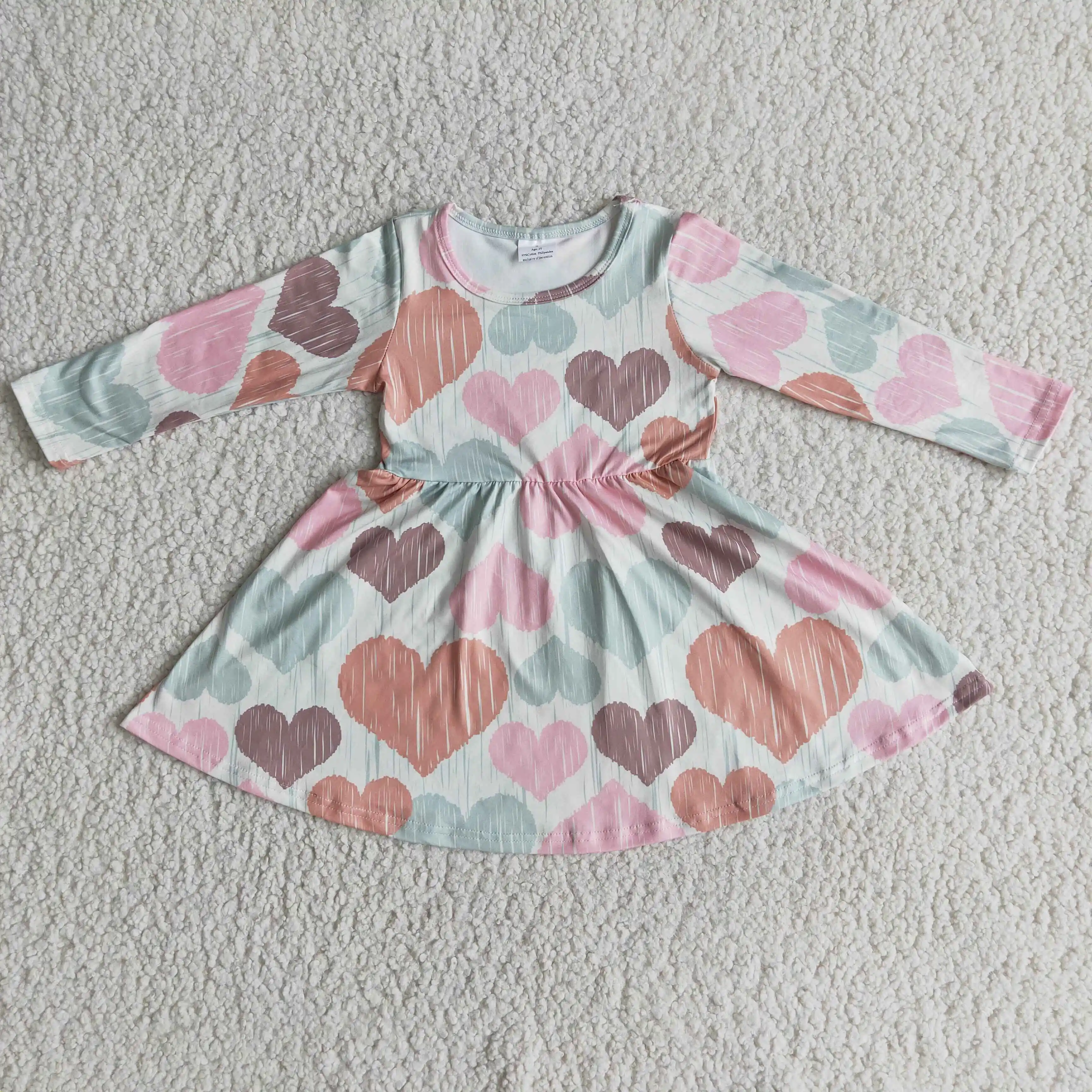 Valentine's Days Desginer Lovely Heart Love Printed For Baby Girls Long Sleeve Twirl Dress Knee Length Boutique Wholesale RTS
