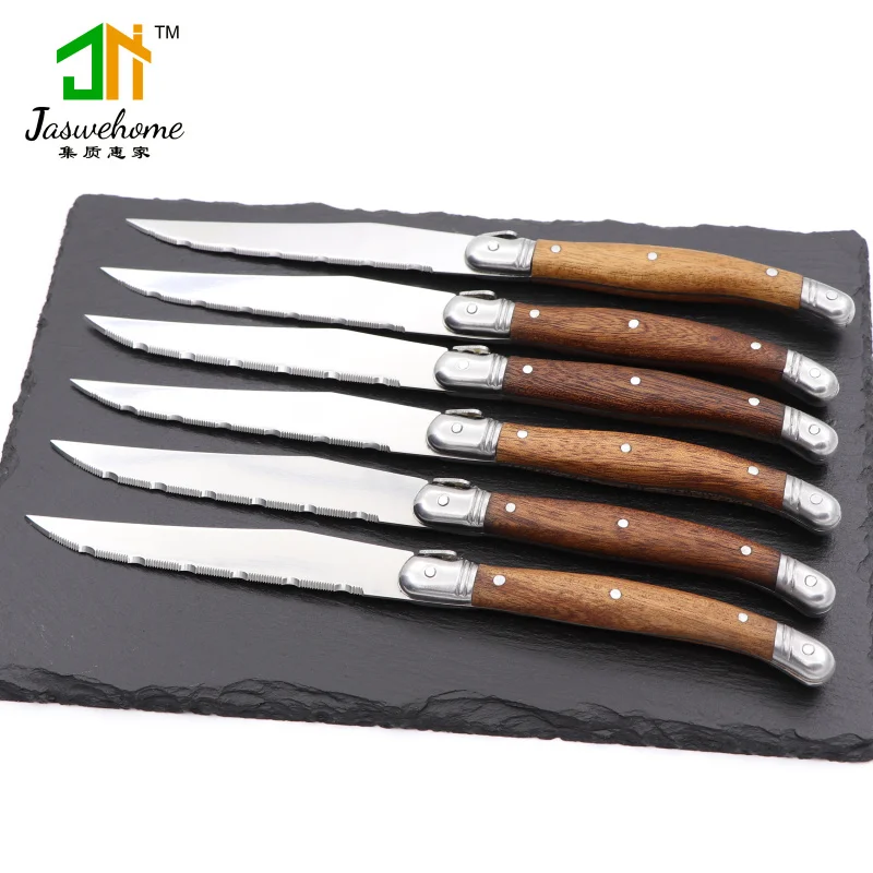 Jaswehome 6pcs Stainless Steel Steak Knife Set Dinner Tableware Set Rosewood Handle Cutlery Laguiole Knife Serrated Meat Knife