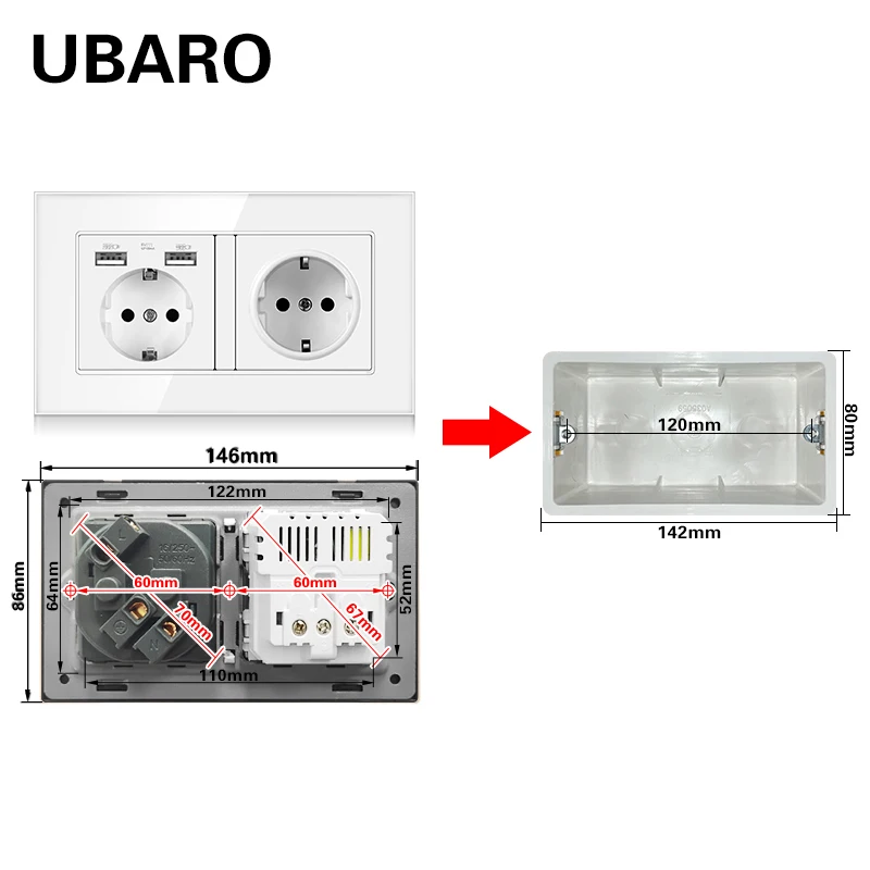 UBARO EU Russia Standard Wall Socket Luxurious Crystal Tempered Glass Frame Outlet With USB Wall Electrical Plug 110- 250V 16A