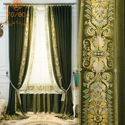 High-end American Dark Green Embroidery Floral Velvet Blackout Curtains for Living Room and Bedroom Customized Products
