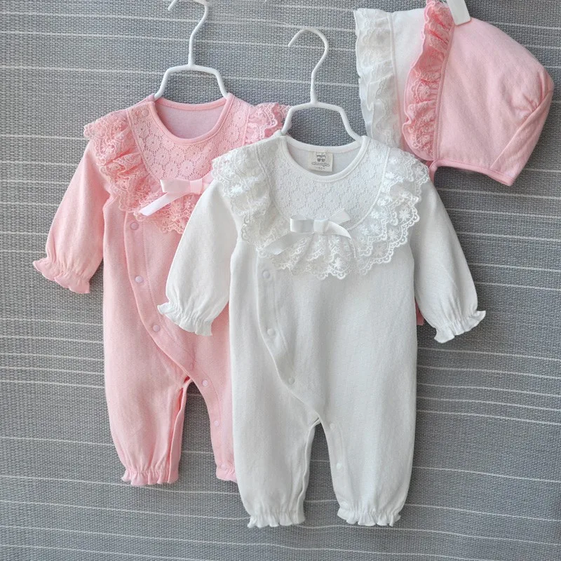 Princess Cotton Newborn Baby Girl Clothes Lace Bow Jumpsuit Spring Autumn Infant Girls Clothing Sets Bodysuit+ Hats