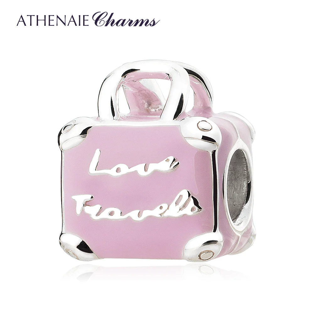 ATHENAIE 925 Sterling Silver Pink Enamel Love Travel Bag Charms Beads for Charm Bracelet Jewelry Making